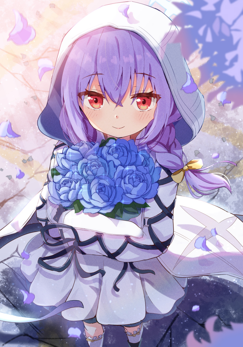 1girl absurdres atsuko_(blue_archive) blue_archive blue_flower blue_halo blush bouquet braid closed_mouth dress falling_petals flower frilled_socks frills hair_between_eyes halo highres holding holding_bouquet hood hood_up hooded_jacket jacket long_hair mikumiku37 petals purple_hair red_eyes smile socks solo twin_braids violet_(flower) white_dress white_jacket white_socks