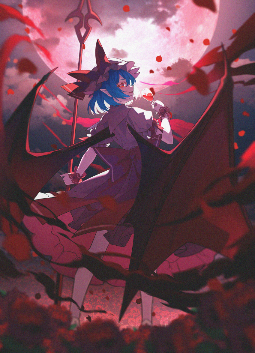 1girl absurdres bat_wings blue_hair cup fang flower full_moon hat highres holding holding_cup jiege mob_cap moon open_mouth pink_headwear pink_shirt pink_skirt pointy_ears polearm red_eyes red_flower red_rose remilia_scarlet rose shirt short_hair short_sleeves skirt smile solo spear spear_the_gungnir touhou weapon wings