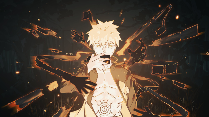 1boy abs absurdres artpaji black_background black_jacket blonde_hair facial_mark glowing hand_up highres jacket looking_at_viewer multicolored_clothes naruto_(series) naruto_shippuuden open_clothes open_jacket orange_jacket orange_theme shadow_hands signature solo standing stomach_tattoo tattoo toned toned_male uzumaki_naruto whisker_markings yellow_eyes