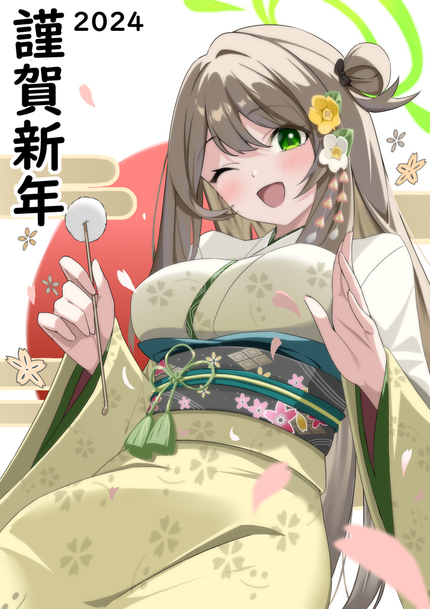 1girl 2024 absurdres blue_archive blush breasts flower green_eyes green_halo hair_between_eyes hair_flower hair_ornament halo happy_new_year highres japanese_clothes kimono large_breasts light_brown_hair long_hair long_sleeves looking_at_viewer mimikaki mizumok1 nonomi_(blue_archive) obi one_eye_closed open_mouth pink_flower sash smile solo wide_sleeves yellow_flower yellow_kimono