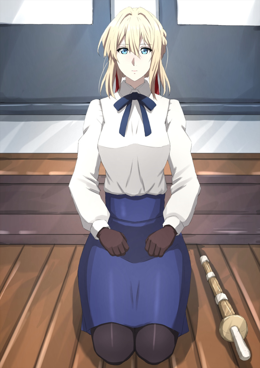 1girl artoria_pendragon_(fate) black_pantyhose blonde_hair blue_eyes blue_skirt bokken breasts brown_gloves cosplay fate/stay_night fate_(series) gloves hair_between_eyes hair_intakes hair_ribbon highres indoors long_sleeves looking_at_viewer medium_breasts medium_skirt omachi_(slabco) pantyhose red_ribbon ribbon saber_(fate) saber_(fate)_(cosplay) seiza shirt sitting skirt solo sword violet_evergarden violet_evergarden_(series) weapon white_shirt wooden_floor wooden_sword