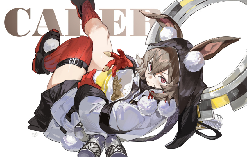 1girl :t animal_ears arknights bag_of_chips black_footwear black_headwear bokyo brown_hair caper_(arknights) character_name chips_(food) commentary eating food full_body highres holding holding_food jacket looking_back object_request pom_pom_(clothes) rabbit_ears rabbit_girl rabbit_tail red_thighhighs short_hair simple_background solo tail thigh-highs white_background white_jacket