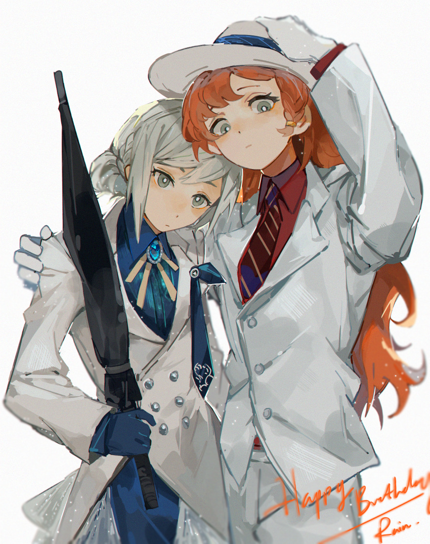 2girls blue_brooch blue_gloves blue_shirt braid brown_necktie coat collared_shirt commentary_request cowboy_shot fedora gloves grey_eyes grey_hair hair_bun hand_on_another's_shoulder hand_on_headwear happy_birthday hat highres holding holding_umbrella jacket long_hair long_sleeves looking_at_viewer multiple_girls necktie orange_hair parted_lips red_shirt reverse:1999 shirt side_braid simple_background single_side_bun sonetto_(reverse:1999) umbrella vertin_(reverse:1999) white_background white_coat white_gloves white_headwear white_jacket xiao_lu