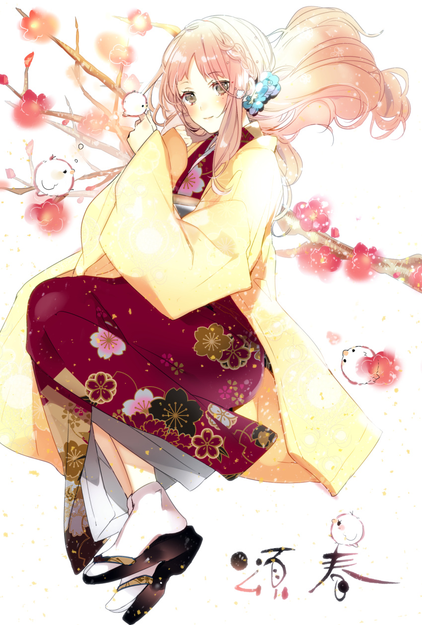 1girl bird bird_on_hand black_footwear blue_flower blush braid branch closed_mouth coat floating_hair floral_print_kimono flower green_eyes hair_flower hair_ornament highres japanese_clothes kimono light_brown_hair light_particles long_hair long_sleeves looking_at_viewer nengajou new_year original prin_dog red_flower red_kimono sandals side_braid sleeves_past_wrists socks solo tabi white_background white_socks yellow_coat