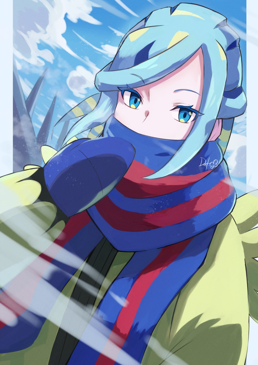 1boy blue_mittens blue_scarf clouds day dusk_poke27 eyelashes grusha_(pokemon) hand_up highres jacket long_hair long_sleeves looking_at_viewer male_focus mittens mixed-language_commentary outdoors pokemon pokemon_sv scarf scarf_over_mouth signature sky solo upper_body yellow_jacket