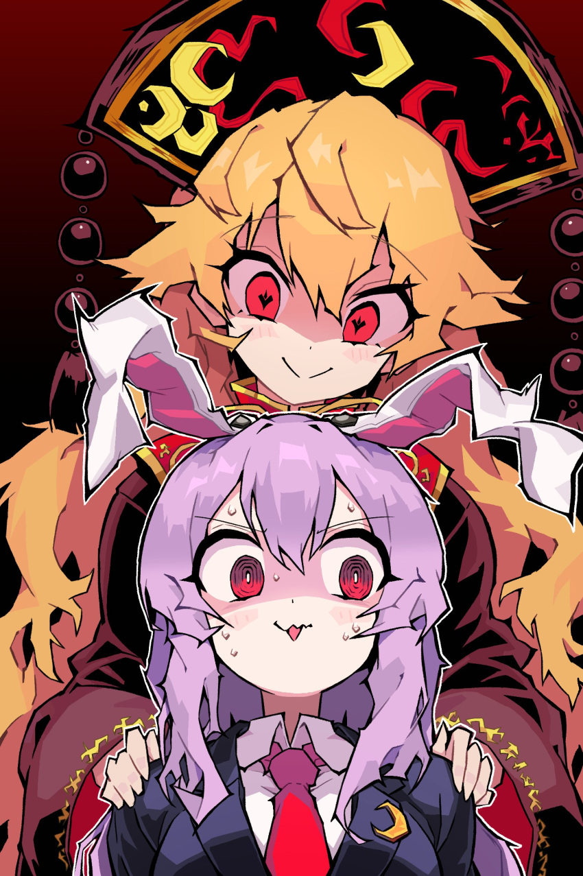 2girls animal_ears black_background black_headwear blush breasts brown_dress chinese_clothes cocokana collared_jacket collared_shirt commentary_request crescent crescent_pin crescent_print dress gradient_background hair_between_eyes hands_on_another's_shoulders hands_up hat heart heart-shaped_pupils highres jacket junko_(touhou) long_hair long_sleeves looking_at_another looking_down mandarin_collar medium_breasts multiple_girls neck_ribbon necktie nervous open_mouth orange_hair phoenix_crown pom_pom_(clothes) purple_hair purple_jacket rabbit_ears rabbit_girl red_background red_eyes red_necktie red_tabard reisen_udongein_inaba ribbon shirt sidelocks simple_background smile standing sweat symbol-shaped_pupils tabard tassel touhou white_shirt wide_sleeves yellow_ribbon