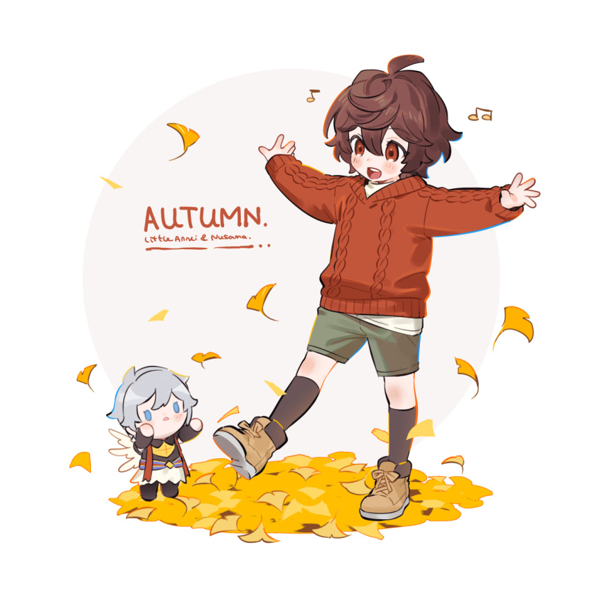 2boys :d aged_down ahoge armor autumn_leaves black_socks blue_eyes brown_footwear brown_hair chibi commentary cross-laced_footwear english_text expressionless full_body granblue_fantasy green_shorts hair_between_eyes highres leaf lucifer_(shingeki_no_bahamut) male_focus maple_leaf messy_hair multiple_boys musical_note orange_sweater outstretched_arms red_eyes ribbed_sweater sandalphon_(granblue_fantasy) sanditk_gbf short_hair shorts smile socks spread_arms sweater teeth upper_teeth_only white_background white_hair