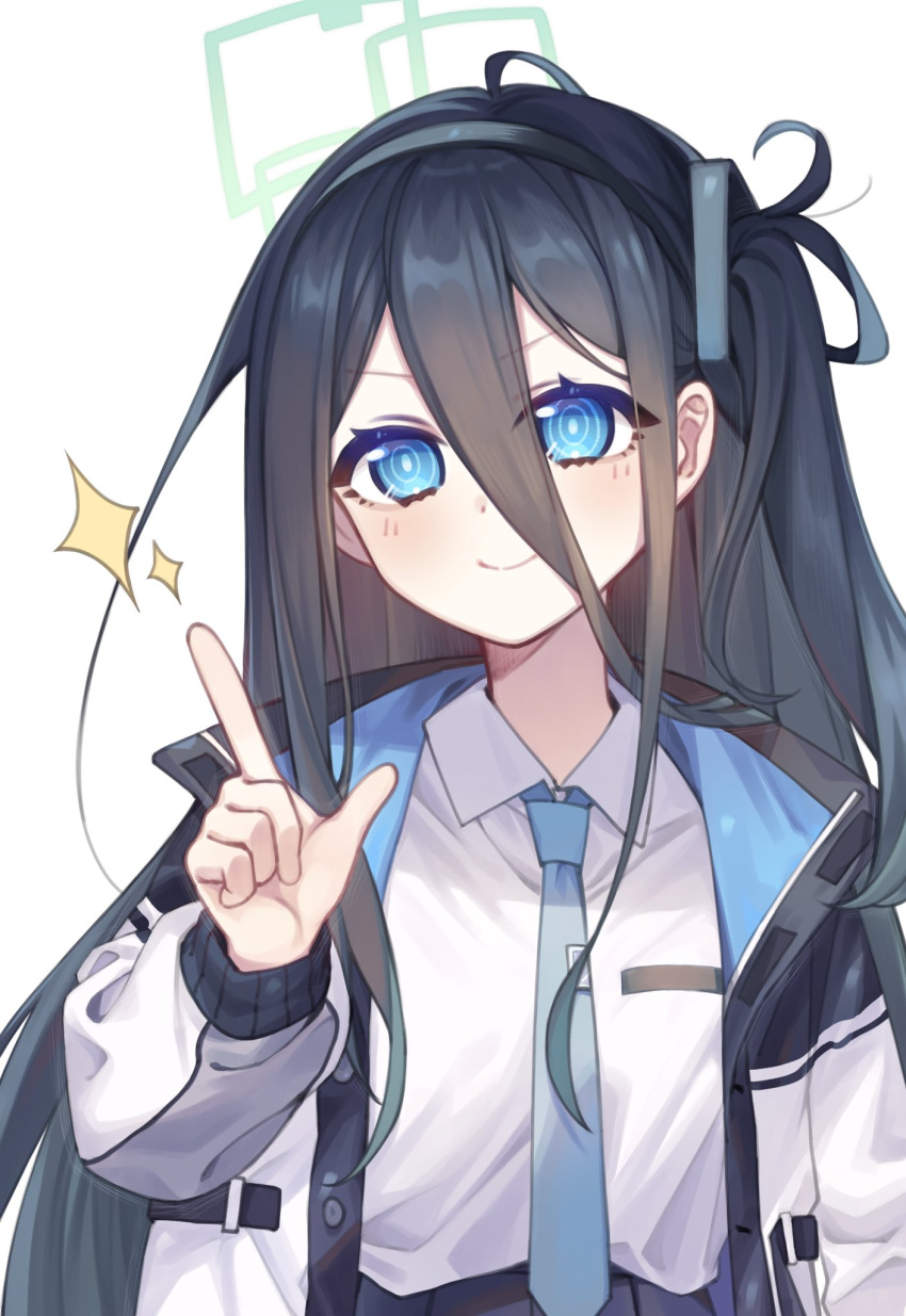 1girl ahoge aris_(blue_archive) black_hair black_skirt blue_archive blue_eyes blue_necktie blush breast_pocket closed_mouth coat collared_shirt hair_between_eyes hairband halo hand_up highres index_finger_raised long_hair long_sleeves necktie one_side_up open_clothes open_coat pocket ringed_eyes shirt simple_background skirt smile solo sparkle tosankaku white_background white_coat white_shirt