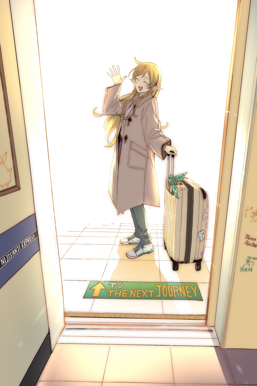 1girl absurdres alternate_costume blonde_hair blue_pants brown_coat closed_eyes coat commentary english_commentary english_text full_body highres holding holding_suitcase kyouno long_hair looking_at_viewer nijisanji nijisanji_en open_mouth pants pointy_ears pomu_rainpuff shoes signature smile sneakers solo suitcase train_station virtual_youtuber waving white_footwear