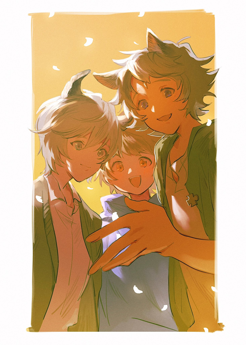 3boys :d aged_down animal_ears blue_shirt brown_eyes brown_hair collared_shirt dusk english_commentary erune falling_petals gran_(granblue_fantasy) granblue_fantasy grey_eyes grey_hair grin hair_between_eyes happy highres hood jacket light light_particles light_smile looking_at_viewer looking_to_the_side male_focus messy_hair multicolored_background multiple_boys nehan_(granblue_fantasy) open_clothes open_jacket orange_background petals reaching reaching_towards_viewer seox_(granblue_fantasy) shirt short_bangs short_hair smile t_of_game white_background wolf_ears