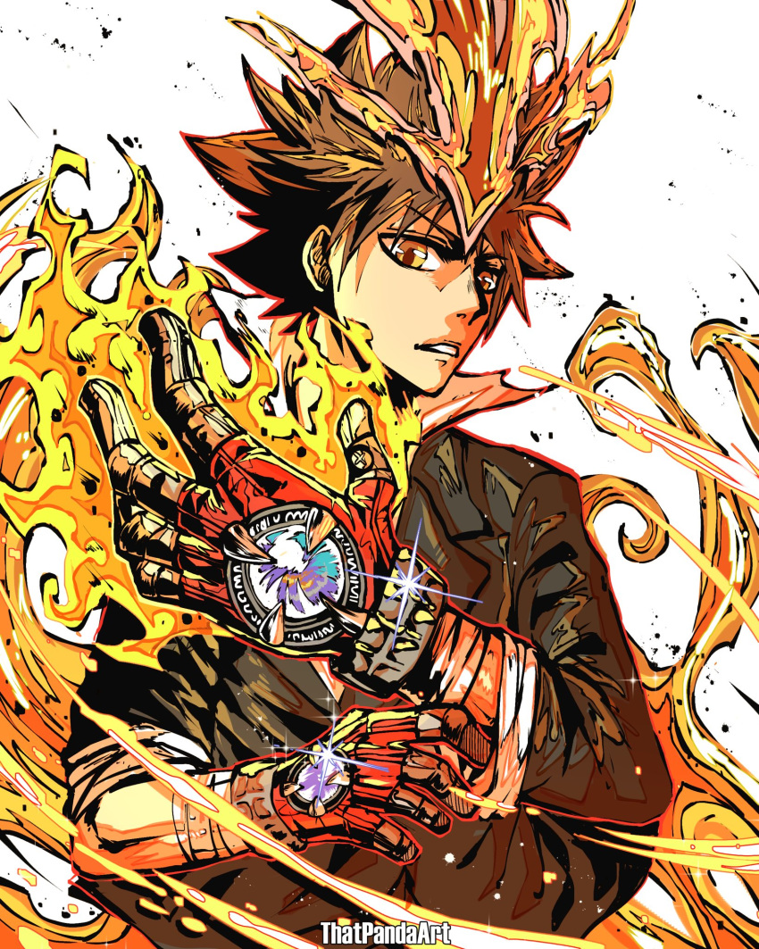 1boy brown_hair english_commentary fingerless_gloves fire gloves highres jacket katekyo_hitman_reborn large_hands looking_at_viewer male_focus orange_eyes sawada_tsunayoshi short_hair simple_background solo that_one_panda upper_body wristband