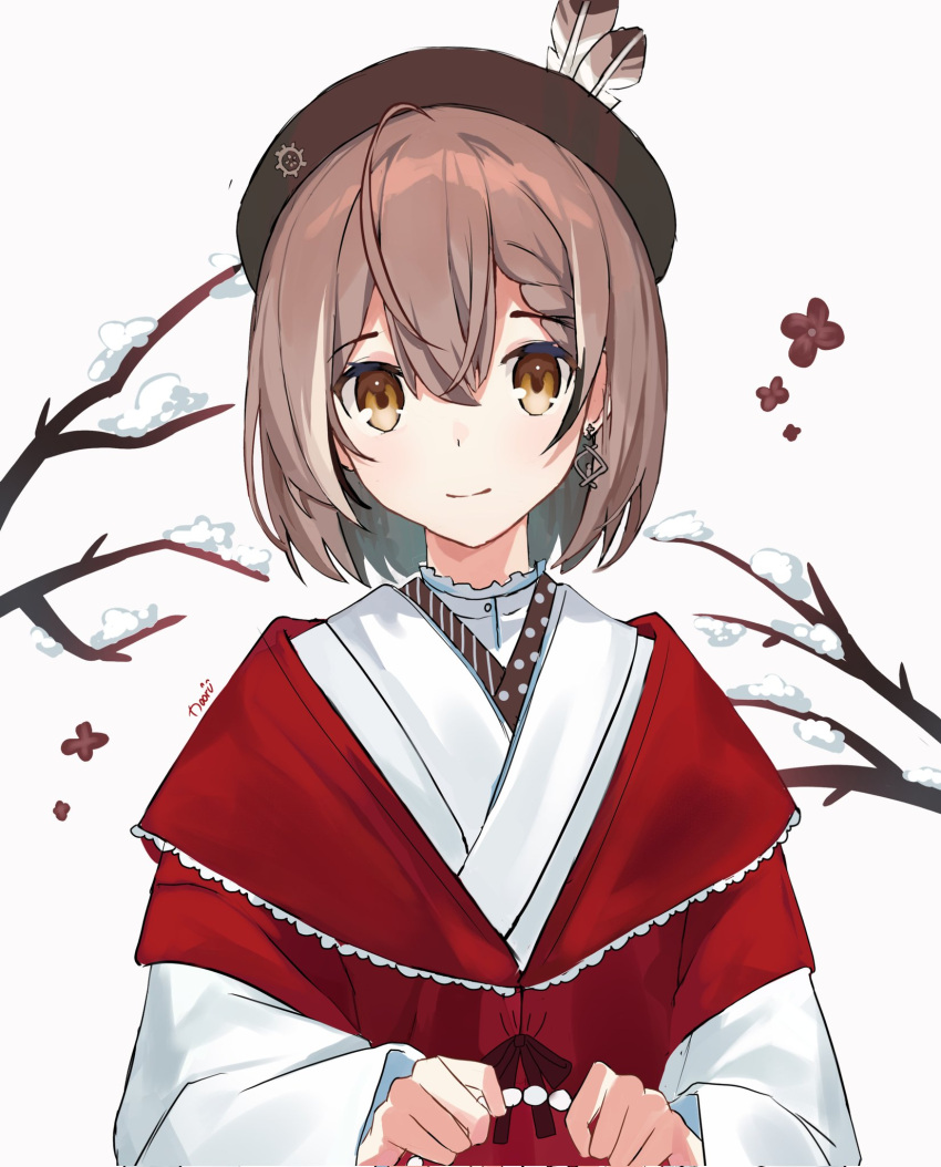 1girl ahoge beret braid braided_bangs branch brown_eyes brown_hair earrings feathers flower hat highres holding hololive hololive_english japanese_clothes jewelry kimono looking_at_viewer nanashi_mumei nanashi_mumei_(new_year) noorukumi official_alternate_costume red_shawl ribbon shawl short_hair single_earring smile snow upper_body virtual_youtuber white_background white_kimono wide_sleeves