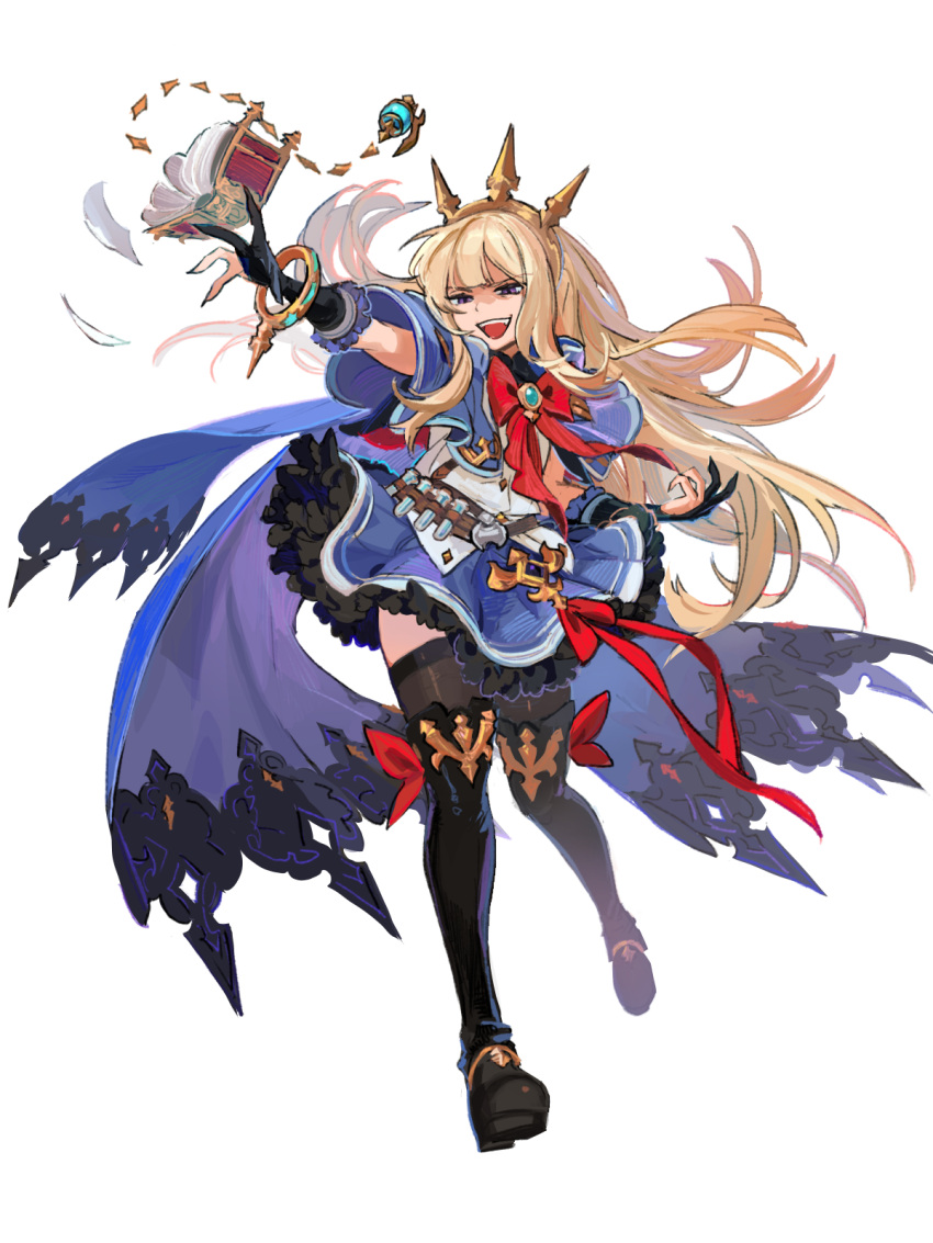 1girl :d belt black_gloves black_thighhighs blonde_hair blue_cape blue_capelet blunt_bangs book boots bracelet breasts brown_belt cagliostro_(granblue_fantasy) cape capelet commentary evil_grin evil_smile fighting_stance floating floating_book floating_hair floating_object frilled_gloves frilled_skirt frills furrowed_brow gloves granblue_fantasy grin headband highres jewelry long_hair official_alternate_costume partially_fingerless_gloves potion puffy_short_sleeves puffy_sleeves red_ribbon ribbon shirt short_sleeves sidelocks sketch skirt small_breasts smile solo solo_focus spiked_headband thigh-highs thigh_boots tiara violet_eyes wahoosandalphon white_shirt