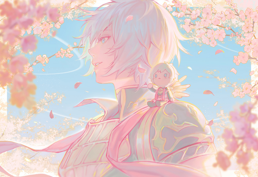 1boy armor bishounen blue_sky breastplate cherry_blossoms chibi commentary falling_petals floating_hair floating_scarf from_side granblue_fantasy hair_between_eyes highres light_smile lucifer_(shingeki_no_bahamut) male_focus messy_hair parted_lips petals popped_collar portrait red_scarf sanditk_gbf scarf shingeki_no_bahamut short_hair shoulder_armor sky solo_focus tree turtleneck