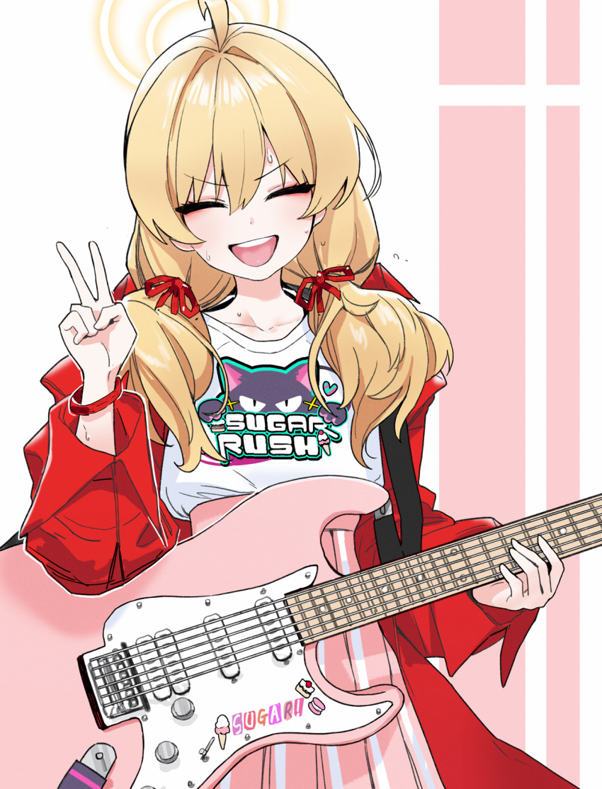 1girl :d ahoge blonde_hair blue_archive cain_(gunnermul) closed_eyes electric_guitar facing_viewer guitar hair_between_eyes hair_over_shoulder hair_ribbon halo highres instrument jacket long_hair long_sleeves official_alternate_costume official_alternate_hairstyle open_clothes open_jacket open_mouth pink_skirt pleated_skirt red_jacket red_ribbon ribbon round_teeth shirt skirt smile solo sweat teeth tress_ribbon upper_teeth_only v white_shirt yellow_halo yoshimi_(blue_archive)