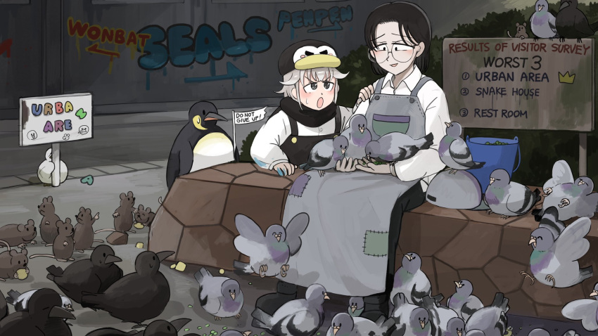 2girls :o bird black_hair black_overalls black_scarf bucket comforting crow diva_(hyxpk) doughnut_stamp duck english_commentary glasses graffiti grey_hair grey_overalls hat highres king_penguin mouse multiple_girls overalls penguin penguin_hat penguin_keeper_(diva) pigeon round_eyewear scarf shirt short_hair sitting urban_area_keeper_(diva) white_shirt zoo zookeeper zookeepers_(diva)