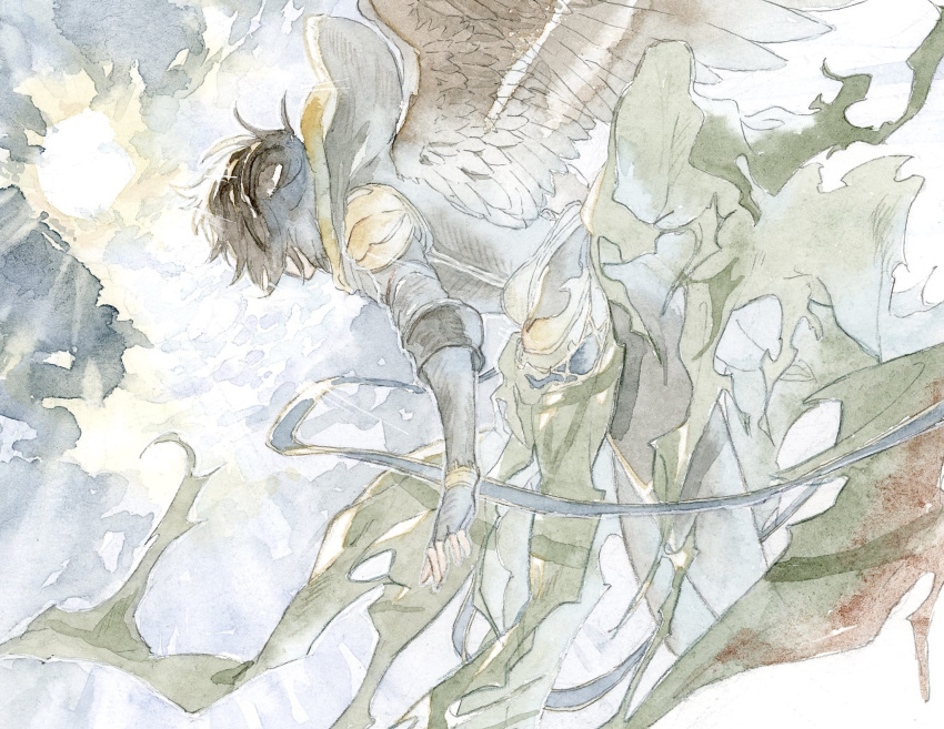 1boy armor bishounen brown_hair brown_wings clouds feathered_wings fingerless_gloves floating_cape floating_clothes flying from_behind gloves granblue_fantasy hair_between_eyes highres hood looking_up male_focus messy_hair painting_(medium) sandalphon_(granblue_fantasy) short_hair sky solo_focus sun t_of_game traditional_media watercolor_(medium) wings