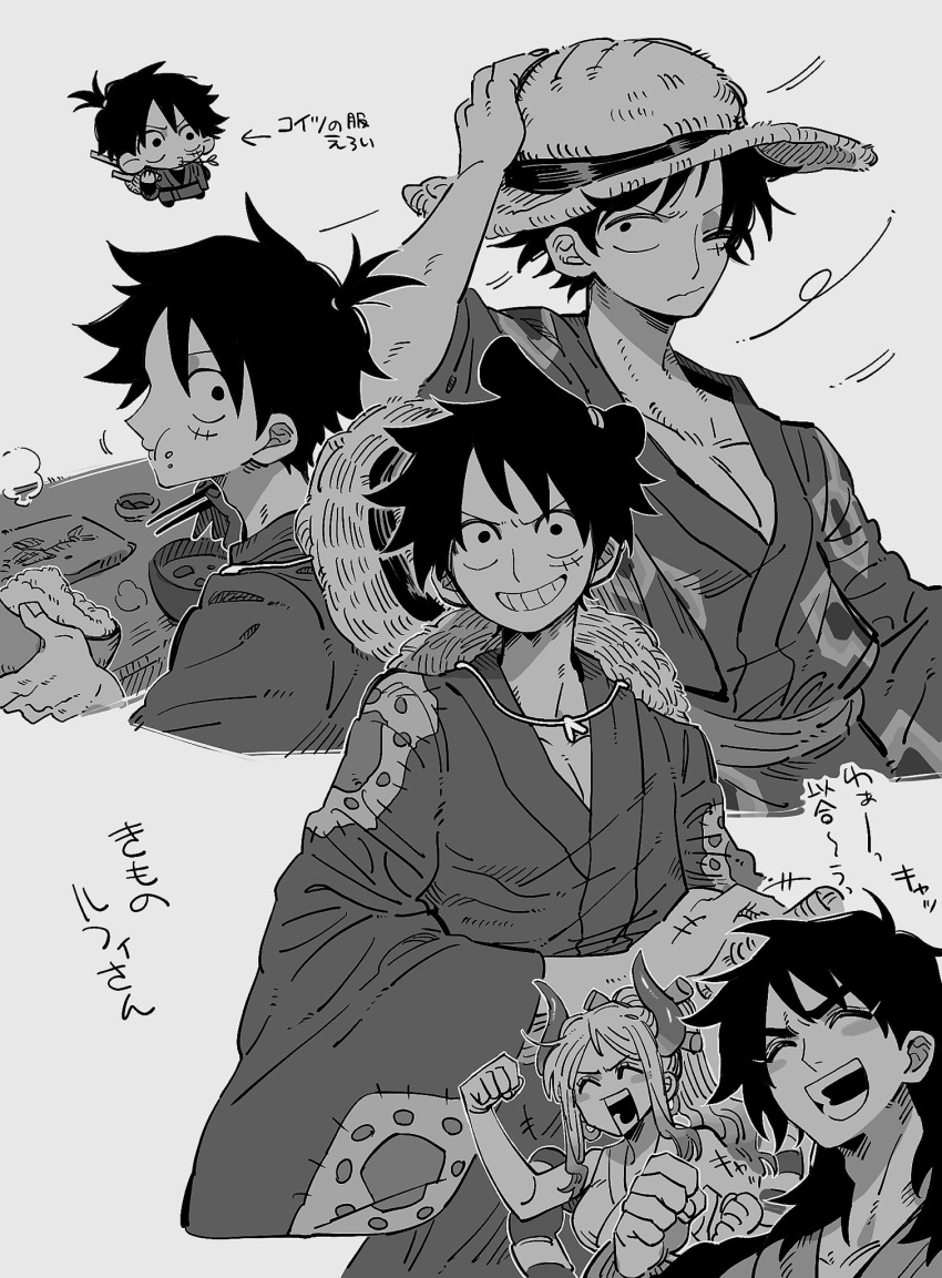 1girl 2boys black_hair hat hat_on_back highres holding horns japanese_clothes long_hair male_focus momonosuke_(one_piece) monkey_d._luffy multiple_boys one_piece oni open_mouth scar scar_on_cheek scar_on_face smile straw_hat teeth yamato_(one_piece)