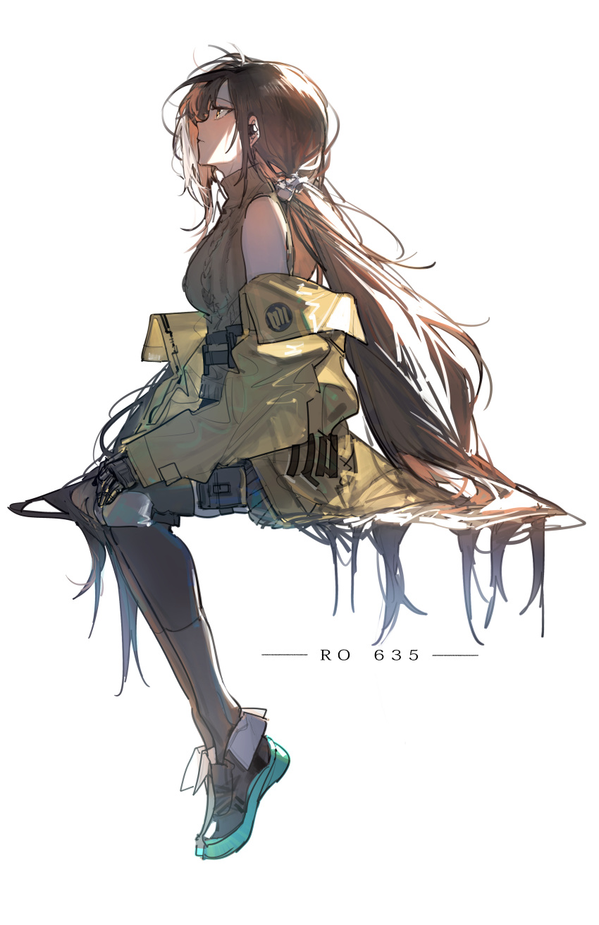 1girl absurdres black_hair black_thighhighs blueblossom breasts character_name closed_mouth colored_shoe_soles commentary expressionless from_side full_body girls_frontline gloves hair_spread_out hands_on_own_knees highres invisible_chair jacket knee_pads long_hair long_sleeves looking_ahead multicolored_hair off_shoulder open_clothes open_jacket profile ro635_(girls'_frontline) ro635_(mod3)_(girls'_frontline) simple_background sitting sketch solo streaked_hair thigh-highs very_long_hair white_background white_hair yellow_eyes yellow_jacket