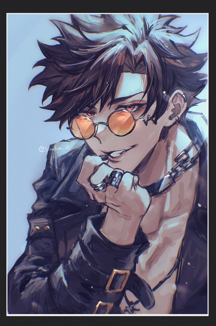 1boy absurdres alternate_costume artist_name belial_(granblue_fantasy) bishounen black_nails blue_background buckle chain commentary earrings glasses granblue_fantasy grin hand_on_own_face highres jacket jewelry leather leather_jacket looking_at_viewer male_focus messy_hair multiple_earrings multiple_rings necklace opaque_glasses open_clothes open_jacket parted_bangs punk red_eyes ring round_eyewear sakuraba_taku signature smile spiky_hair topless_male twitter_username