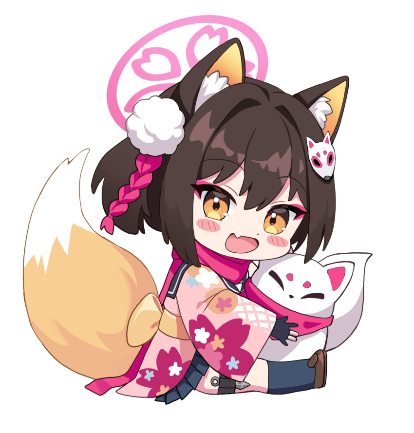 1girl :d animal_ear_fluff animal_ears animal_hug back_bow black_gloves black_skirt blue_archive blush_stickers bow brown_eyes brown_hair chibi commentary_request eyeshadow fang floral_print fox fox_ears fox_girl fox_mask fox_tail from_side gloves hair_between_eyes hair_ornament halo happy highres izuna_(blue_archive) japanese_clothes kimono korean_commentary long_sleeves looking_at_viewer makeup mask mask_on_head medium_hair miniskirt open_mouth partially_fingerless_gloves pink_halo pink_kimono pleated_skirt pom_pom_(clothes) pom_pom_hair_ornament prock simple_background sitting skin_fang skirt smile solo tail tail_raised tsurime white_background wide_sleeves yellow_bow
