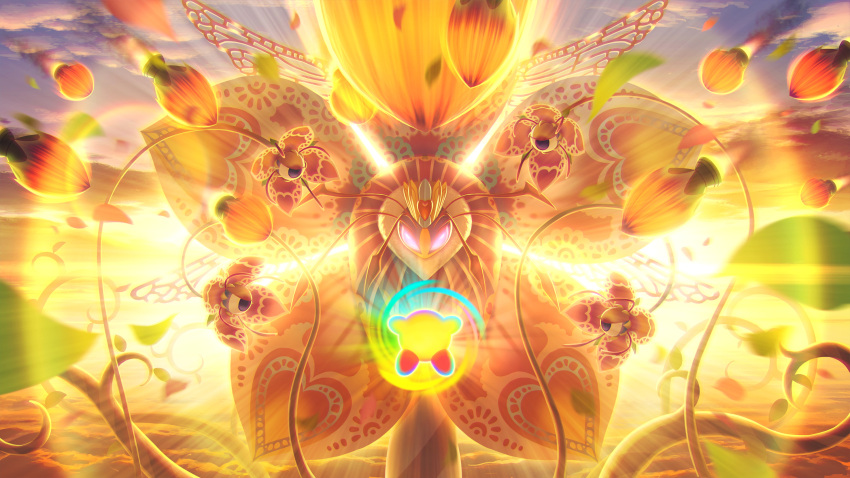 1girl 5health above_clouds battle clouds dreamstalk falling_petals heart highres hypernova_kirby kirby kirby:_triple_deluxe kirby_(series) looking_at_another no_humans petals plant queen_sectonia sunrise vines violet_eyes
