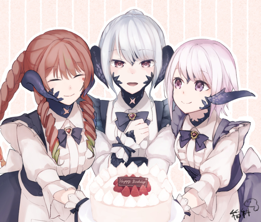 3girls apron au_ra birthday_cake black_apron black_bow black_bowtie black_dress bow bowtie braid braided_ponytail breasts brown_hair cake closed_eyes closed_mouth dragon_horns dress drill_hair final_fantasy final_fantasy_xiv food fruit grey_hair happy_birthday horns looking_at_another looking_at_object looking_down medium_breasts multicolored_hair multiple_girls open_mouth pink_hair scales scrunchie signature small_breasts smile strawberry streaked_hair tamanoka twin_drills upper_body violet_eyes warrior_of_light_(ff14) white_apron white_dress wrist_scrunchie