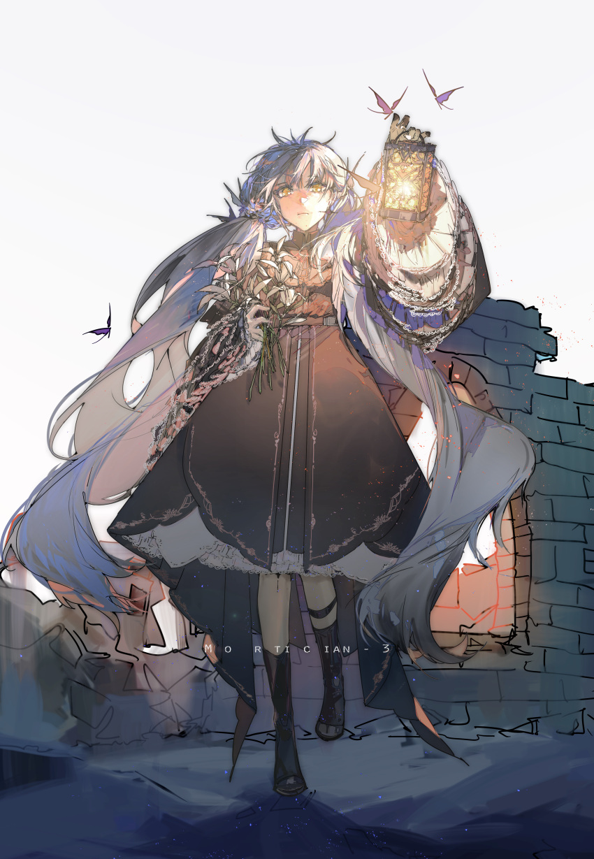 1girl absurdres black_dress black_footwear blueblossom clotho_(neural_cloud) commentary dress earrings english_commentary flower frilled_dress frills full_body girls'_frontline_neural_cloud girls_frontline highres holding holding_flower holding_lantern jewelry lantern long_hair looking_at_viewer messy_hair ruins solo twintails very_long_hair white_hair wide_sleeves yellow_eyes