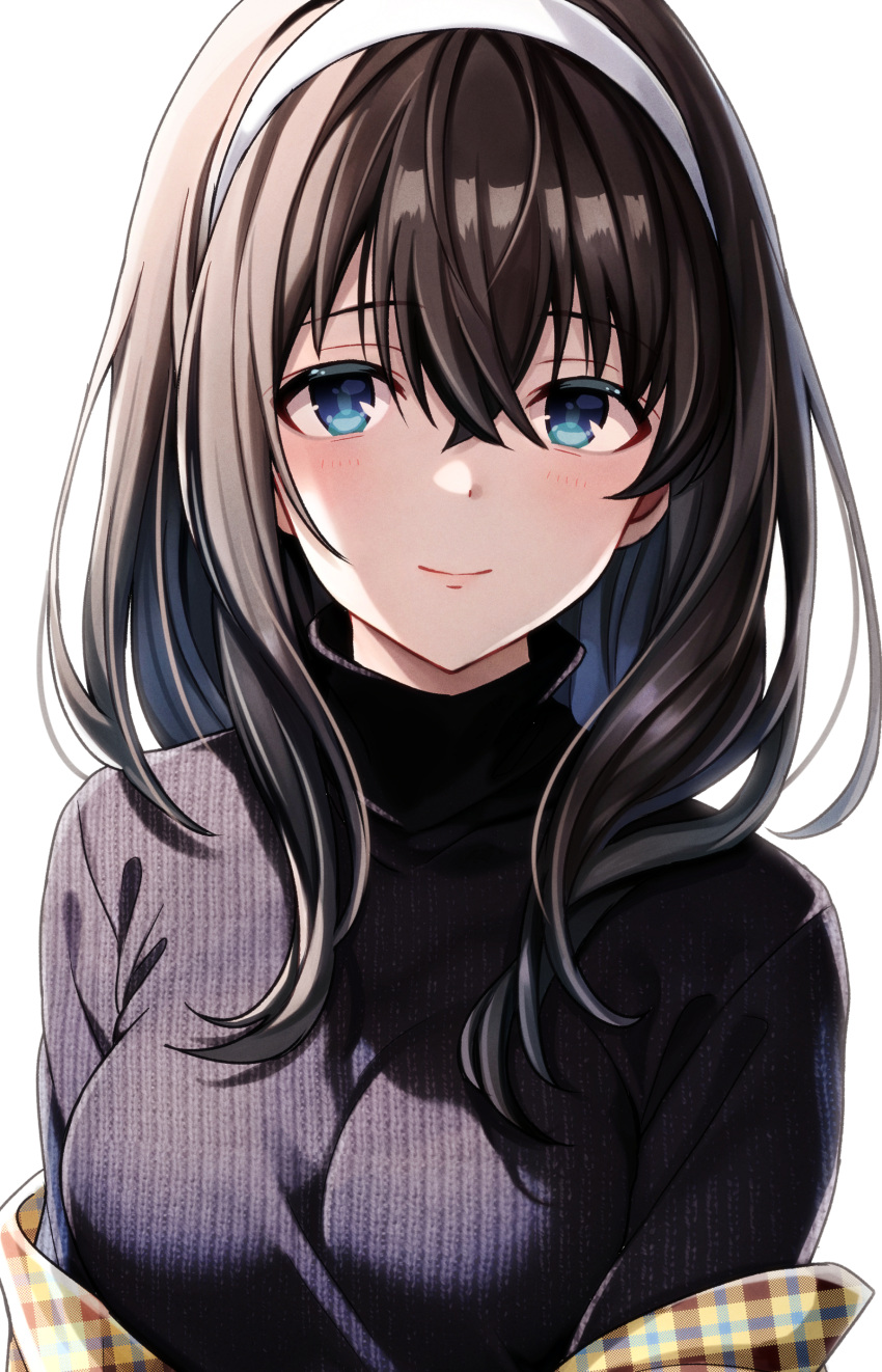 1girl absurdres black_hair black_sweater blue_eyes breasts closed_mouth commentary_request crossed_bangs hairband highres idolmaster idolmaster_cinderella_girls large_breasts looking_at_viewer medium_hair plaid_shawl popon_ta ribbed_sweater sagisawa_fumika shawl simple_background smile solo sweater turtleneck turtleneck_sweater upper_body white_background white_hairband