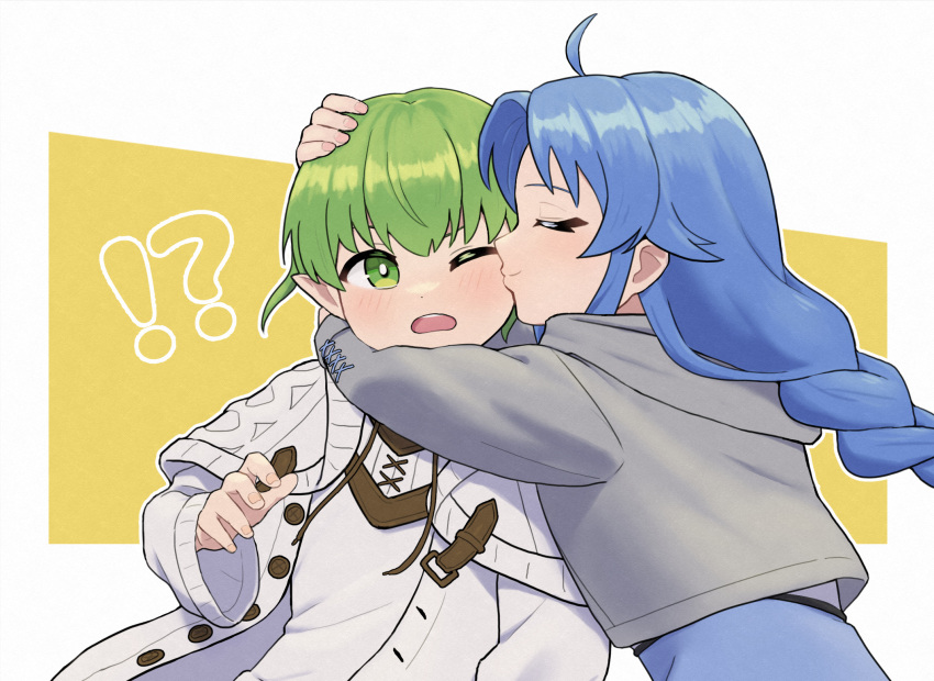 !? 1boy 1girl ahoge blue_hair blush brother_and_sister closed_eyes commission embarrassed green_eyes grey_hair hand_on_another's_head highres hug kiss kissing_cheek lara_greyrat long_hair mushoku_tensei open_mouth pixiv_commission shirt siblings sieghart_saladin_greyrat simple_background smile sweater teeth upper_body upper_teeth_only urin_(littleurin) white_shirt white_sweater