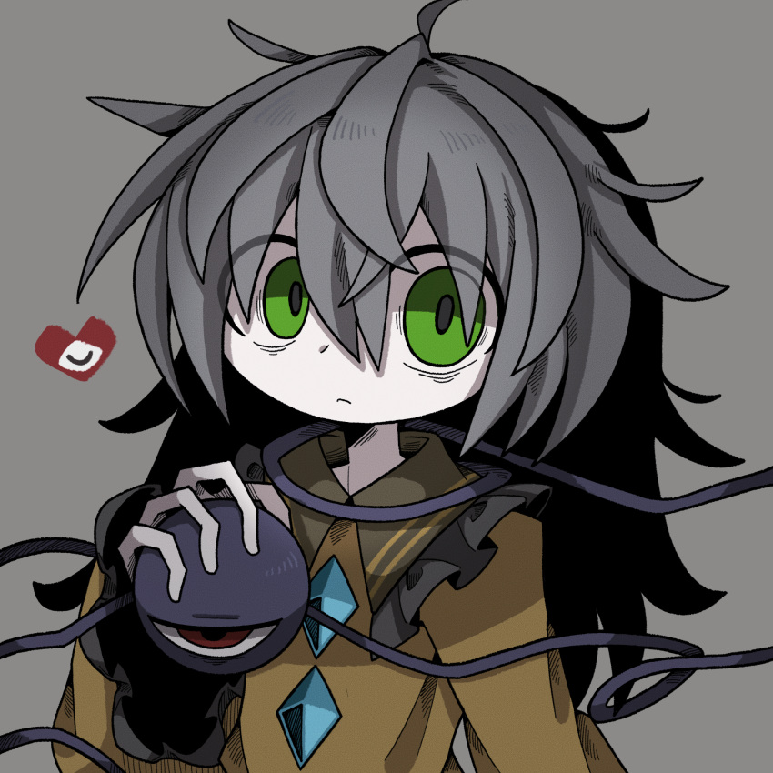 1girl arm_at_side bags_under_eyes buttons closed_mouth crazy_eyes diamond_(shape) diamond_button frilled_shirt frilled_shirt_collar frilled_sleeves frills green_eyes grey_background grey_hair grey_pupils hair_between_eyes hand_up heart highres holding holding_eye koishi_komeiji's_heart-throbbing_adventure komeiji_koishi long_hair long_sleeves looking_at_viewer messy_hair no_headwear pale_skin red_eyes shirt simple_background sleeves_past_wrists solo touhou upper_body wide_sleeves yellow_shirt zunusama