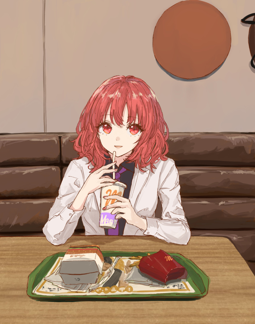 1girl commentary cup fast_food highres holding holding_cup horikawa_raiko indoors kashiwada_kiiho long_sleeves looking_at_viewer mcdonald's necktie purple_necktie red_eyes redhead short_hair solo touhou upper_body