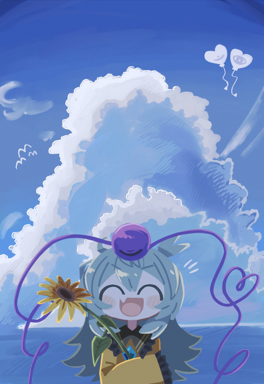 1girl :d ^_^ aqua_hair balloon blue_sky buttons closed_eyes clouds diamond_button facing_viewer fang flower frilled_sailor_collar frilled_shirt_collar frilled_sleeves frills heart heart_balloon heart_of_string highres holding holding_flower horizon komeiji_koishi long_hair long_sleeves motion_lines no_headwear notice_lines ocean open_mouth outdoors sailor_collar simple_bird skin_fang sky smile solo straight-on sunflower sweater touhou upper_body very_long_sleeves wide_sleeves yellow_flower yellow_sweater zunusama