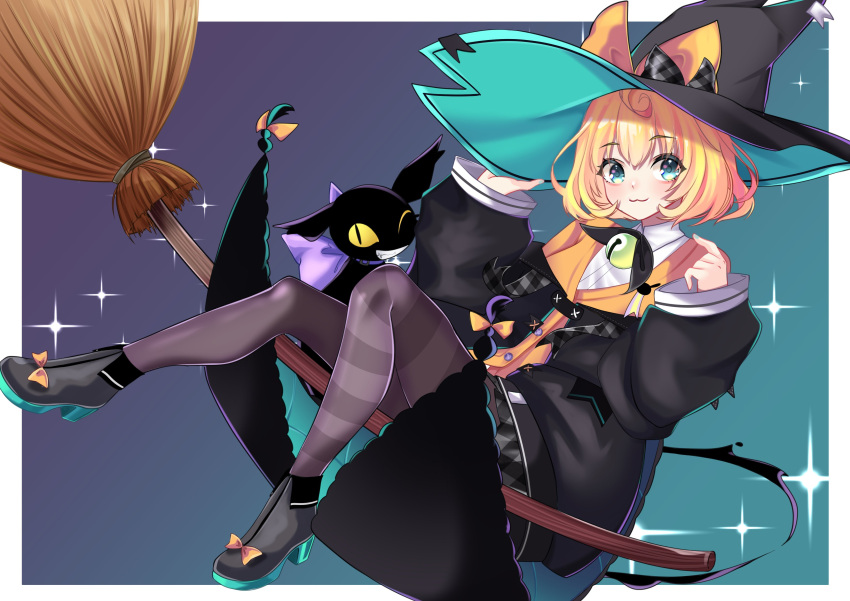 1girl :3 absurdres ahoge aqua_background aqua_cape aqua_eyes asymmetrical_legwear bell black_bow black_cape black_headwear black_jacket black_skirt blonde_hair bob_cut border bow broom broom_riding buttons cape cat closed_mouth collared_shirt footwear_bow full_body gradient_background grey_bow grey_footwear grey_pantyhose grey_skirt hair_between_eyes hand_on_headwear hands_up hat hat_bow highres hmmmanon jacket large_bow looking_at_viewer lucie_(millie_parfait) millie_parfait millie_parfait_(1st_costume) miniskirt multicolored_background multicolored_bow neck_bell nijisanji nijisanji_en outside_border oversized_clothes pantyhose plaid plaid_bow plaid_skirt purple_background shirt simple_background sitting skirt sleeves_past_wrists solo sparkle sparkle_background striped_clothes striped_pantyhose tareme two-sided_fabric two-tone_cape two-tone_skirt virtual_youtuber white_border white_shirt wing_collar witch witch_hat yellow_bow yellow_shirt