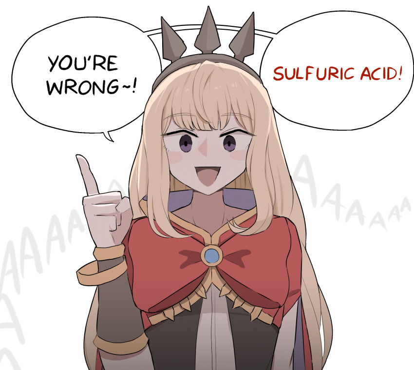 1girl :d arm_up armlet blonde_hair blunt_bangs blush_stickers bracelet cagliostro_(granblue_fantasy) cape empty_eyes english_commentary english_text granblue_fantasy highres hood jewelry long_hair mata_(matasoup) meme pointing short_sleeves sidelocks smile solo speech_bubble spiked_headband tiara violet_eyes