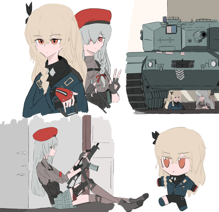 2girls beret blonde_hair blue_jacket braid caterpillar_tracks character_doll closed_mouth cropped_torso expressionless fingerless_gloves full_body fumo_(doll) g36c_(girls'_frontline) girls_frontline gloves grey_hair gun hair_ornament hair_over_one_eye hat highres holding holding_gun holding_weapon jacket leopard_2 long_hair looking_at_viewer maplenecktele military military_vehicle motor_vehicle multiple_girls multiple_views red_eyes red_headwear sitting skirt sp9_(girls'_frontline) tank uniform weapon