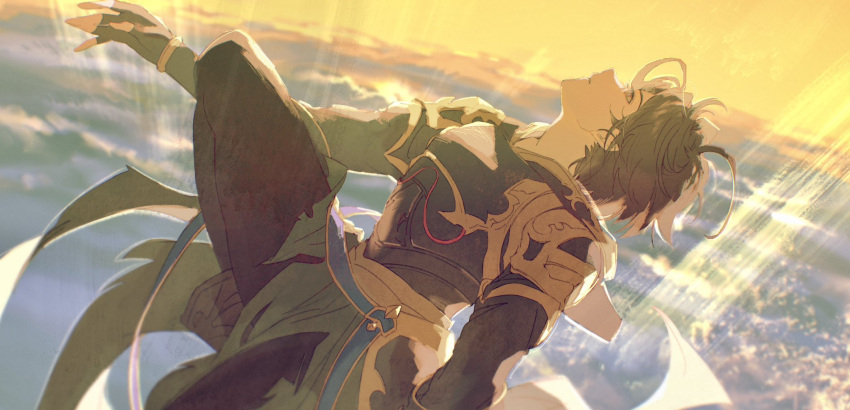 1boy ahoge armor bishounen breastplate brown_hair clouds cloudy_sky expressionless falling floating floating_hair granblue_fantasy hair_between_eyes highres hood hood_down leg_up light_particles looking_up male_focus messy_hair parted_lips reaching red_eyes sandalphon_(granblue_fantasy) short_hair sky solo_focus sunrise t_of_game