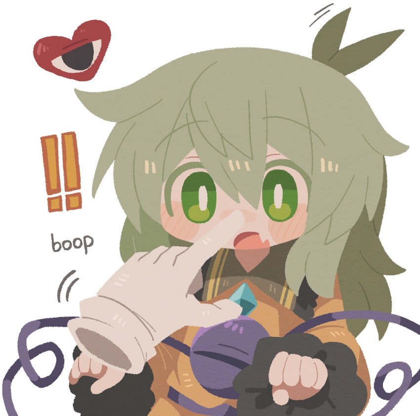 ! !! 1girl :o black_eyes blush bright_pupils buttons collared_shirt diamond_(shape) diamond_button disembodied_limb english_text fang frilled_shirt frilled_shirt_collar frilled_sleeves frills gloves green_eyes green_hair hair_between_eyes hand_on_another's_face heart index_finger_raised jaggy_lines komeiji_koishi long_hair long_sleeves motion_lines no_headwear no_lineart no_sclera nose_blush open_mouth pointing shirt simple_background skin_fang sleeves_past_wrists solo_focus surprised third_eye tongue touhou white_background white_gloves white_pupils yellow_shirt zunusama