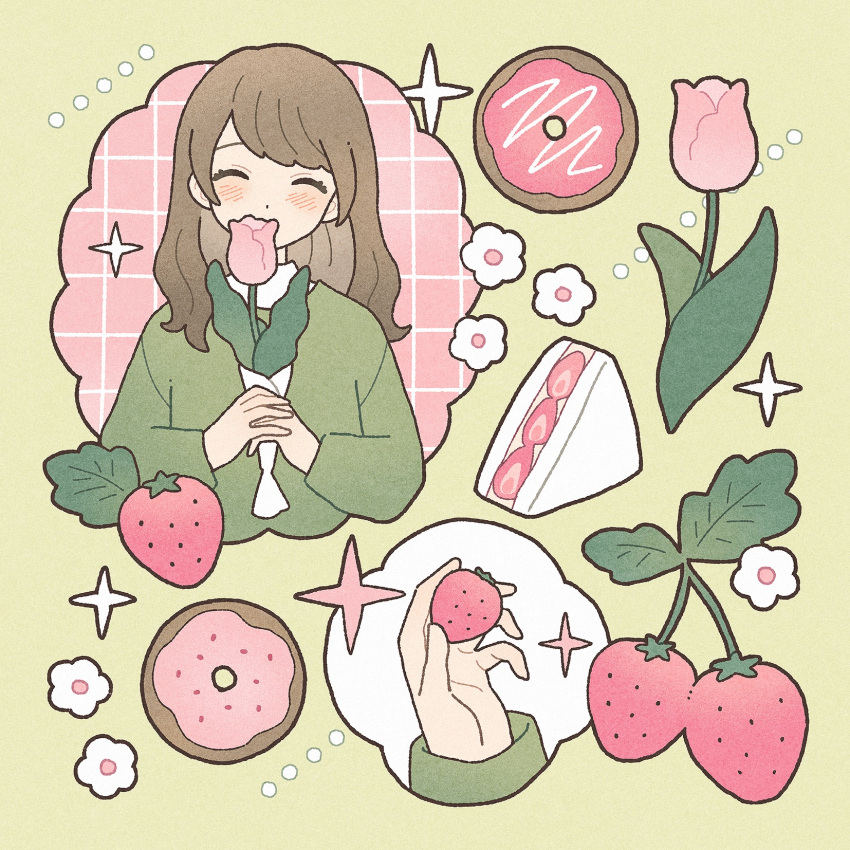 1girl ^_^ blush brown_hair cake cake_slice closed_eyes commentary covered_mouth doughnut facing_viewer flower food fruit green_background green_sweater hashtag_only_commentary highres holding holding_flower holding_food holding_fruit leaf long_hair long_sleeves nahara_saki original own_hands_together pink_flower sparkle strawberry sweater symbol-only_commentary tulip white_flower yellow_background