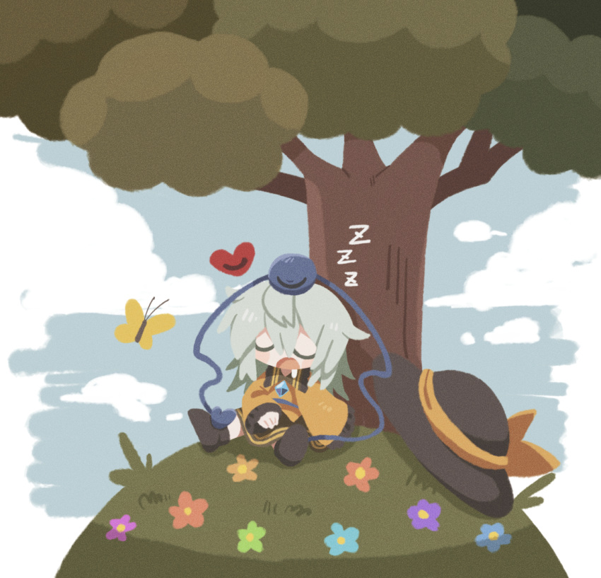 1girl against_tree aqua_hair black_footwear black_headwear blouse boots bow bug butterfly buttons chibi closed_eyes clouds diamond_button drooling eyeball flower frilled_shirt_collar frilled_sleeves frills hand_on_lap hat hat_bow hat_ribbon heart hill komeiji_koishi long_sleeves medium_hair no_lineart on_ground open_mouth ribbon shirt sitting sky sleeping solo third_eye touhou tree under_tree unworn_hat unworn_headwear wavy_hair wide_sleeves yellow_bow yellow_ribbon yellow_shirt zunusama zzz