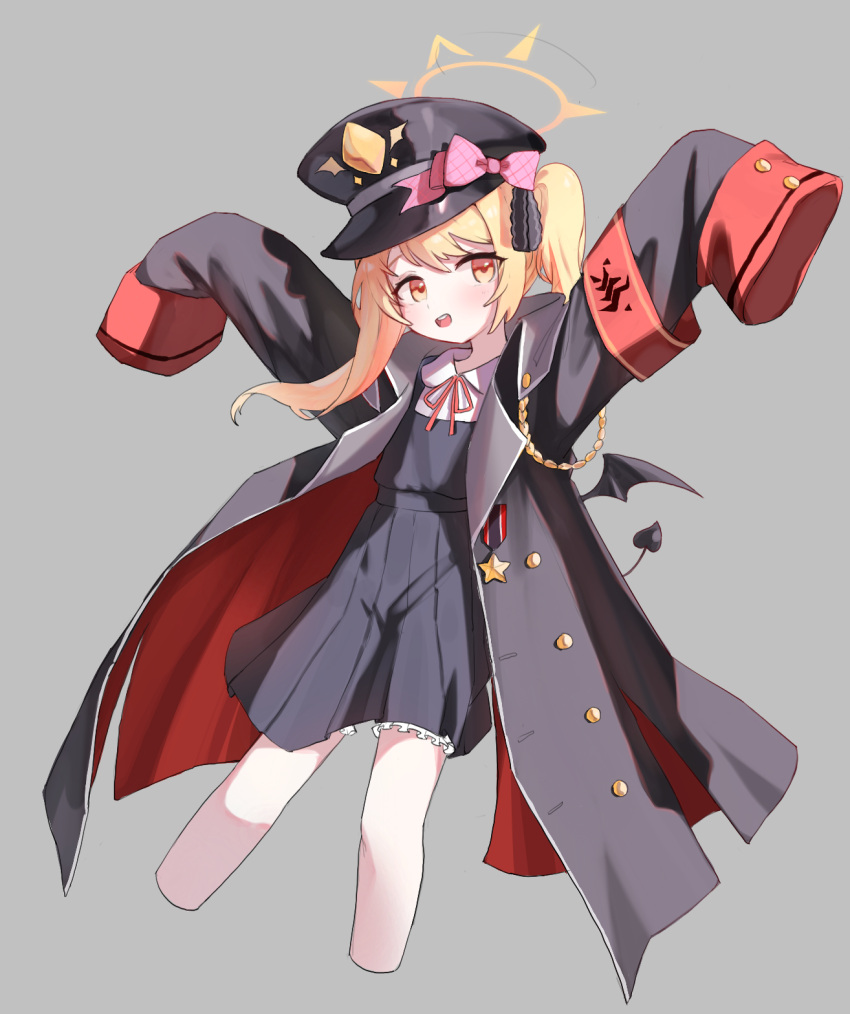 1girl asymmetrical_hair black_coat black_dress black_headwear blonde_hair blue_archive coat commentary_request cropped_legs dated_commentary dress grey_background halo hat highres ibuki_(blue_archive) jambujok korean_commentary long_hair long_sleeves neck_ribbon open_mouth orange_eyes oversized_clothes peaked_cap red_ribbon ribbon shirt side_ponytail simple_background sleeves_past_fingers sleeves_past_wrists solo teeth upper_teeth_only white_shirt yellow_halo