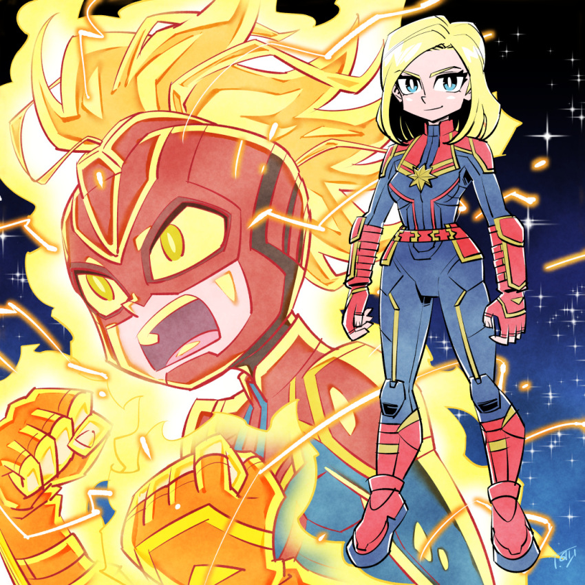 1girl aura avengers_(series) belt blonde_hair blue_eyes bodysuit boots bracer bright_pupils captain_marvel clenched_hand colored_sclera crackling_energy fingerless_gloves full_body gloves glowing glowing_eyes helmet insignia knee_guards looking_at_viewer marvel marvel_cinematic_universe mohawk multiple_views night night_sky parted_bangs red_footwear signature sky smile star_(sky) sunafuki_tabito superhero teeth upper_teeth_only yellow_eyes yellow_sclera