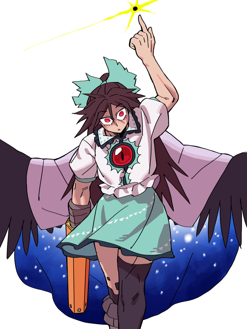 1girl absurdres arm_up bird_wings black_sun black_thighhighs black_wings bow brown_hair cape commentary eddybird55555 green_bow hair_bow highres index_finger_raised long_hair looking_at_viewer red_eyes reiuji_utsuho rod_of_remorse short_sleeves simple_background single_thighhigh solo starry_sky_print sun thigh-highs third_eye touhou white_background white_cape wings