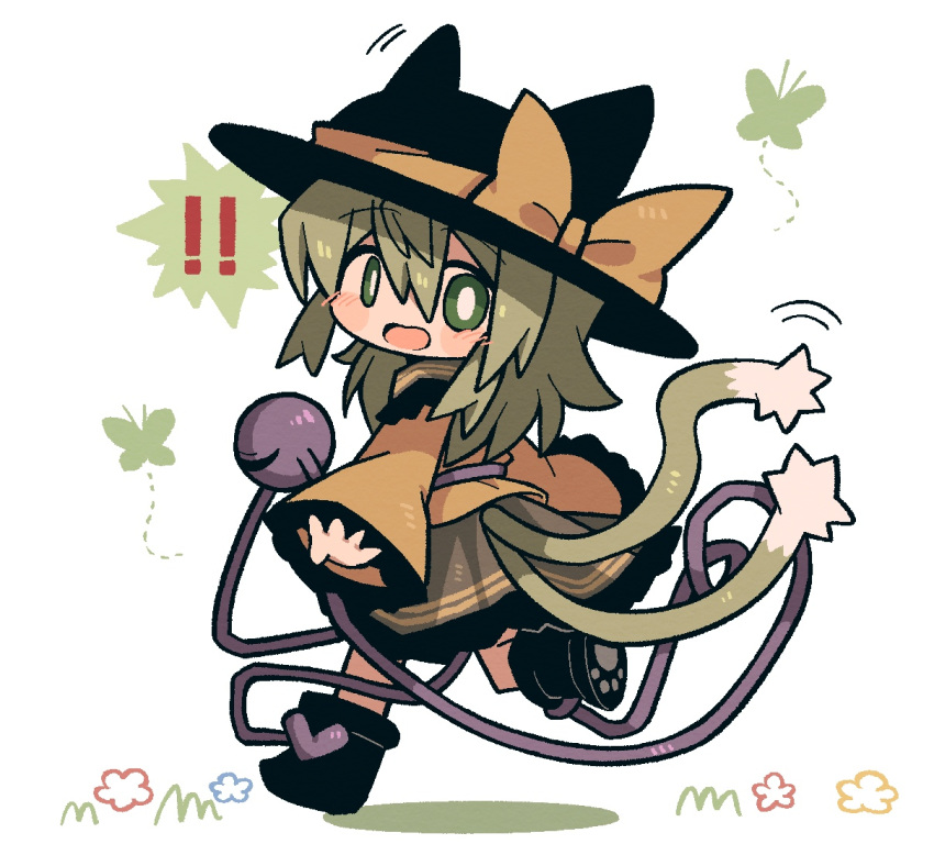 ! !! 1girl animal_ears animal_hat black_footwear black_headwear blush boots bright_pupils bug butterfly cat_ears cat_girl cat_hat cat_tail collared_shirt flower frilled_shirt frilled_shirt_collar frilled_skirt frilled_sleeves frills full_body grass green_butterfly green_eyes green_hair green_skirt green_tail hair_between_eyes hat hat_ribbon hat_with_ears jaggy_lines kemonomimi_mode komeiji_koishi long_hair long_shirt motion_lines multiple_tails no_sclera open_mouth paw_print paw_print_soles ribbon shirt simple_background skirt smile solo speech_bubble tail tail_through_clothes third_eye tongue touhou two_tails white_background white_pupils white_tail wide_sleeves yellow_ribbon yellow_shirt zunusama