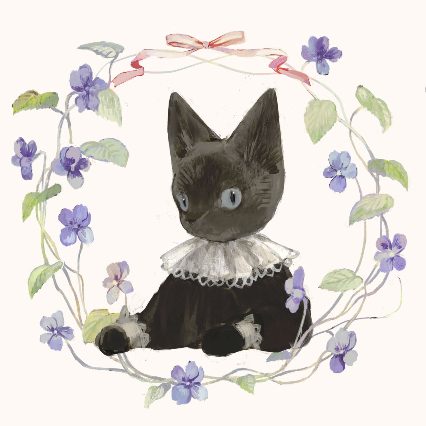 1other ambiguous_gender animal animal_focus black_cat black_dress blue_flower bow cat closed_mouth clothed_animal commentary_request dress embroidery english_commentary flower frilled_shirt_collar frills grey_eyes highres long_sleeves no_humans original pink_bow pink_ribbon puffy_long_sleeves puffy_sleeves ribbon simple_background sleeve_cuffs slit_pupils solo surrounded surrounded_by_flowers tono_(rt0no) toto_noir white_background