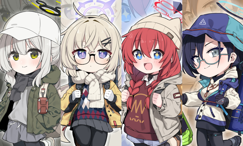 4girls b.t._(boob_tong) beanie black_hair black_pantyhose black_scarf black_skirt blonde_hair blue_archive blue_eyes blue_headwear blush braid brown_shirt chihiro_(blue_archive) chihiro_(camp)_(blue_archive) closed_mouth collared_shirt commentary_request earmuffs glasses green_eyes green_jacket grey_eyes grey_hair grey_headwear grey_jacket grey_skirt hair_between_eyes halo hare_(blue_archive) hare_(camp)_(blue_archive) hat highres hood hood_down hooded_jacket jacket korean_commentary kotama_(blue_archive) kotama_(camp)_(blue_archive) long_hair long_sleeves maki_(blue_archive) maki_(camp)_(blue_archive) multiple_girls official_alternate_costume official_alternate_hairstyle open_clothes open_jacket open_mouth pantyhose pleated_skirt ponytail purple_halo red_halo redhead scarf shirt skirt smile twin_braids veritas_(blue_archive) violet_eyes white_headwear white_jacket white_scarf white_shirt yellow_jacket