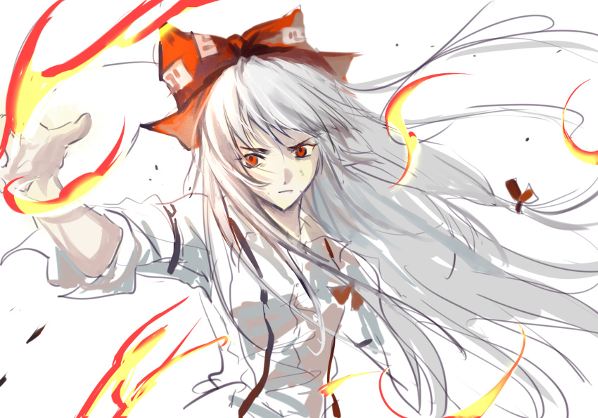 1girl blonde_hair breasts chinese_commentary closed_mouth collared_shirt commentary_request fujiwara_no_mokou hair_ribbon highres long_hair medium_breasts mxx33 red_eyes red_ribbon ribbon shirt sketch sleeves_past_elbows solo suspenders touhou upper_body white_hair white_shirt