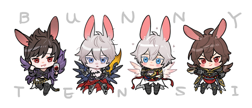 4boys ahoge animal_ears armor belial_(granblue_fantasy) blue_eyes blush_stickers brown_hair chibi colored_eyelashes commentary commentary_request cup empty_eyes english_text expressionless feather_boa feathered_wings full_body furrowed_brow granblue_fantasy grin hair_between_eyes holding holding_cup hood kemonomimi_mode light_smile lucifer_(shingeki_no_bahamut) lucilius_(granblue_fantasy) male_focus messy_hair multiple_boys pale_skin rabbit_ears red_eyes sandalphon_(granblue_fantasy) sanditk_gbf scar scar_on_neck short_hair smile spiky_hair topless_male white_background white_hair wings