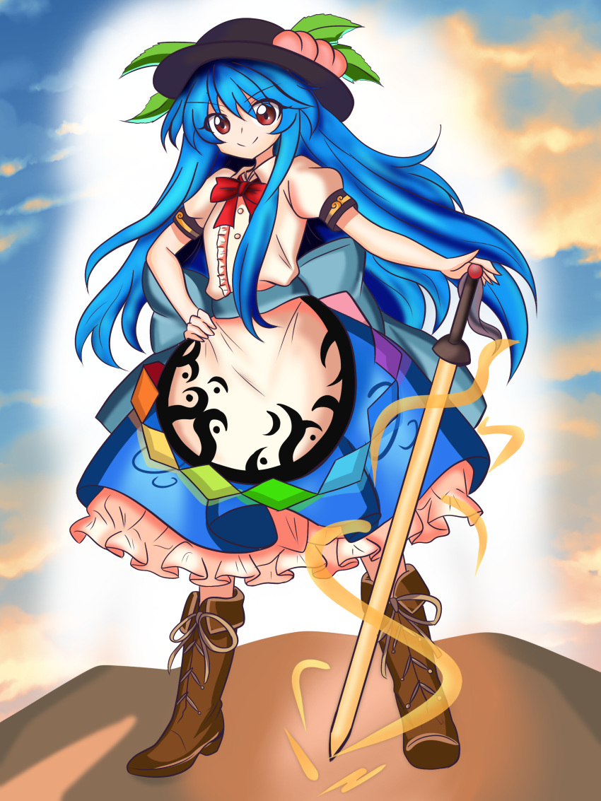 1girl absurdres black_hair blue_skirt boots bow bowtie brown_footwear closed_mouth frilled_skirt frills full_body highres hinanawi_tenshi leaf long_hair peach_hat_ornament rainbow_gradient raincoat_th13 red_bow red_bowtie red_eyes shirt short_sleeves sidelocks skirt smile solo sword_of_hisou touhou white_shirt