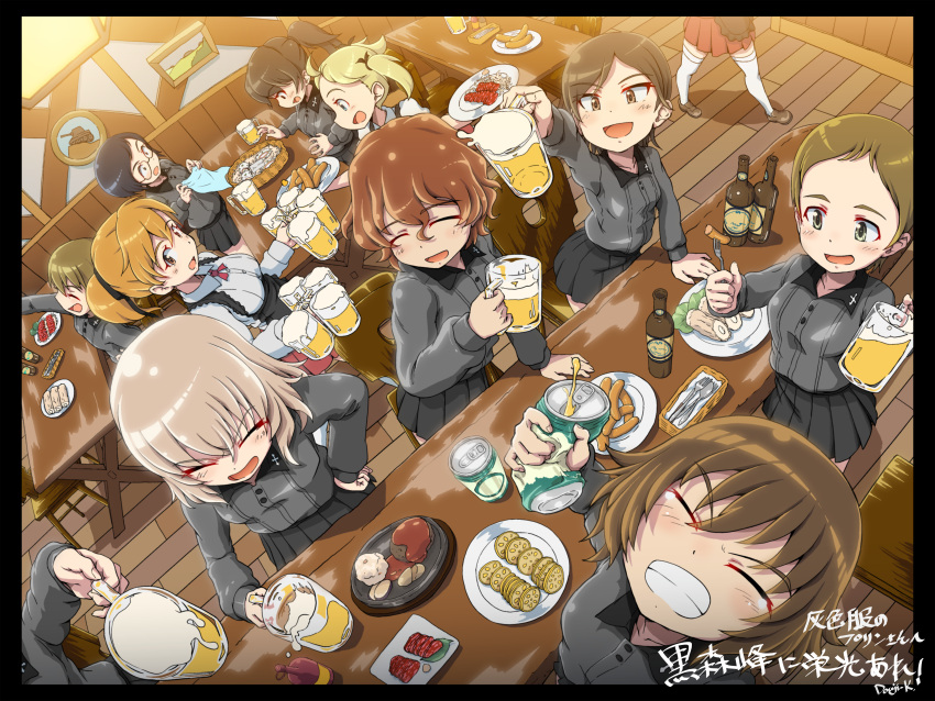 6+girls absurdres akaboshi_koume alcohol arm_up artist_name beer beer_bottle beer_can beer_mug black_border black_hair black_ribbon black_skirt blonde_hair border brown_eyes brown_hair can closed_eyes commentary_request commission cup dress_shirt drink_can dutch_angle food girls_und_panzer glasses grey_hair grey_shirt grin hair_ribbon hair_tie hand_on_own_hip hida_ema highres holding holding_can holding_cup indoors iruma_anna itsumi_erika itsumi_erika's_loader katsuya_megu kojima_emi kuromorimine_school_uniform kuroneko_douji leaning_forward long_sleeves medium_hair miniskirt mug multiple_girls neck_ribbon on_chair open_mouth partial_commentary party pixiv_commission plate pleated_skirt ponytail red_ribbon red_skirt ribbon round_eyewear school_uniform shirt shoes short_hair short_ponytail signature skirt smile spoilers standing swept_bangs table thigh-highs translated twintails very_short_hair waitress white_shirt white_thighhighs wing_collar wooden_floor